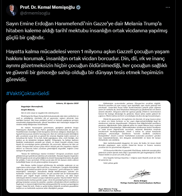 Memisoglu Emine Erdoganin Mektubu Insanligin Ortak Vicdanina Guclu Bir Cagridir 1