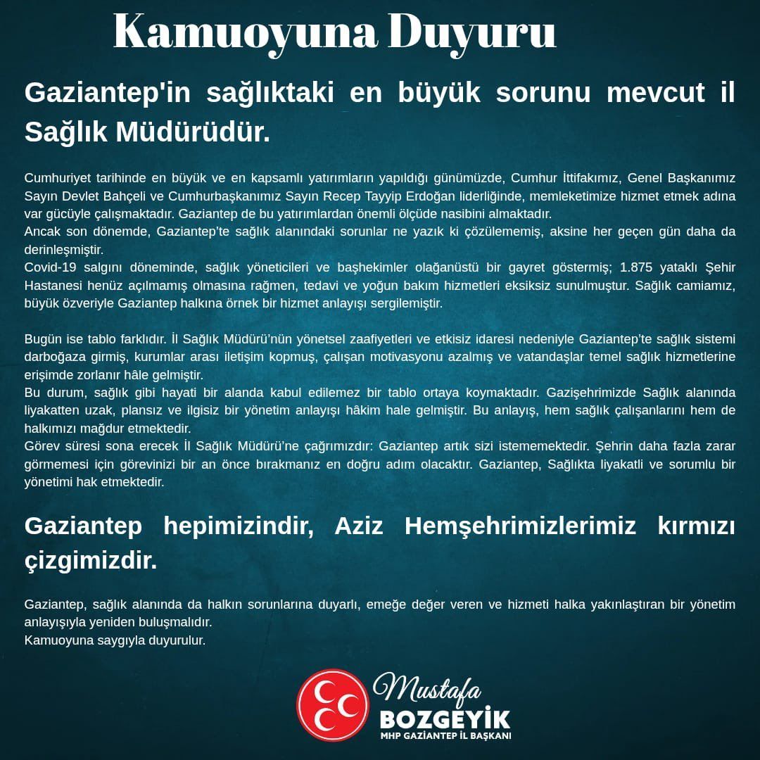 Mhp Gaziantep Il Baskani Bozgeyikten Il Saglik Mudurune Sert Elestiri 1