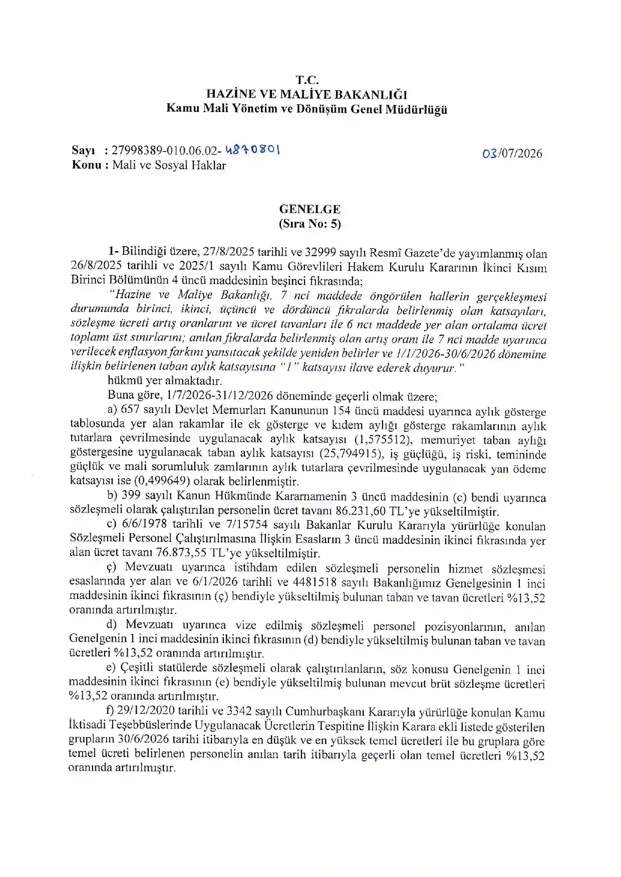 Hazine Ve Maliye Bakanligi Temmuz 2026 Mali Ve Sosyal Haklar Genelgesi Memur Maas Katsayilari Personel Sağlık Personeliyiz